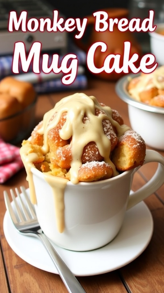 Quick Monkey Bread Mug Cake Recipe A delicious monkey bread mug cake topped with icing and powdered sugar, served in a cozy kitchen.